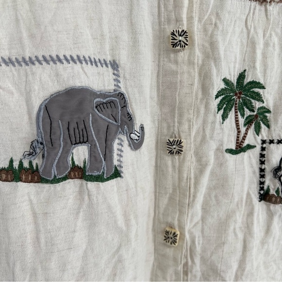 VTG New Directions Safari Print Embroidered Button Shirt Large Linen Cotton - Picture 4 of 16